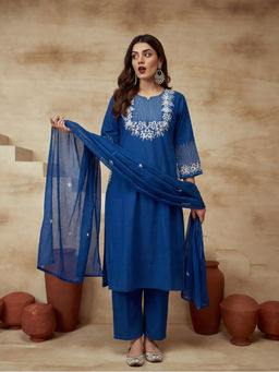 Sarha - Blue Floral Cotton Straight Kurta with Pant and Dupatta
