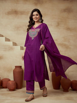 Sarha - Purple Embroidered Cotton Straight Kurta with Pant and Dupatta