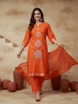 Sarha - Orange Embroidered Cotton A-Line Kurta with Pant and Dupatta