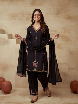 Sarha - Black Embroidered Cotton Straight Kurta with Pant and Dupatta