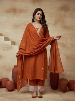 Sarha - Rust Embroidered Cotton Straight Kurta with Pant and Dupatta