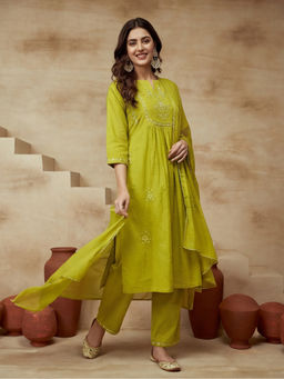 Sarha - Green Embroidered Cotton A-Line Kurta with Pant and Dupatta
