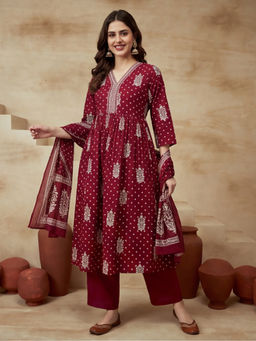Sarha - Maroon Embroidered Cotton A-Line Kurta with Pant and Dupatta