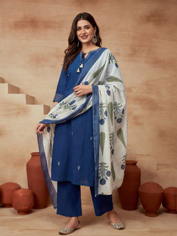 Sarha - Indigo Floral Cotton Straight Kurta with Pant and Dupatta