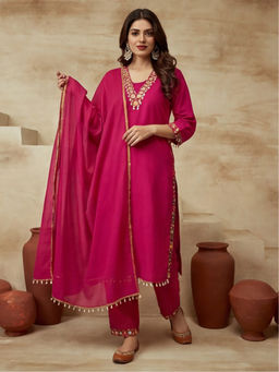 Sarha - Pink Embroidered Cotton Straight Kurta with Pant and Dupatta