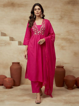 Sarha - Pink Embroidered Cotton A-Line Kurta with Pant and Dupatta