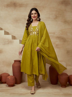 Sarha - Green Embroidered Cotton A-Line Kurta with Pant and Dupatta