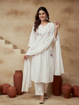 Sarha - White Floral Cotton A-Line Kurta with Pant and Dupatta