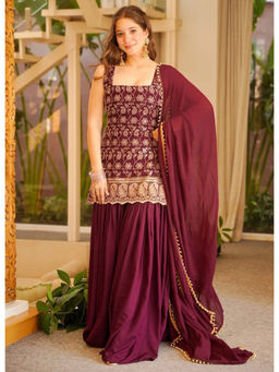 Kedar Fab - Maroon Embroidered Silk Regular Kurta with Sharara and Dupatta