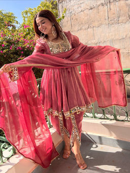 Kedar Fab - Pink Embellished Silk Regular Kurta with Dhoti and Dupatta