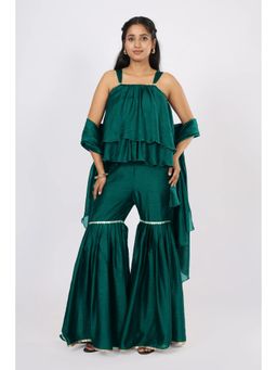 VGlame - Green Solid Silk Regular Kurti and Sharara and Dupatta