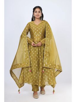 VGlame - Olive Woven Jamdani Regular Kurta with Pant and Dupatta