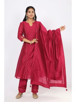 VGlame - Magenta Woven Jamdani Regular Kurta with Pant and Dupatta
