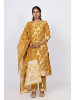 VGlame - Mustard Printed Jamdani Regular Kurta with Pant and Dupatta