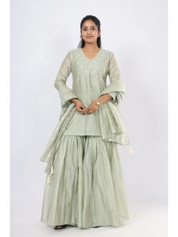 VGlame - Green Printed Jamdani Regular Kurta with Sharara and Dupatta