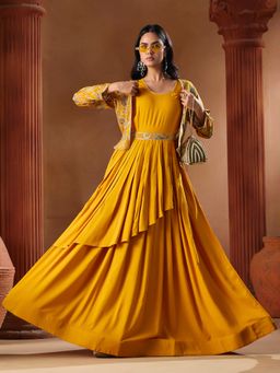 MADHURAM - Beautiful Mustard Printed Gown With Jacket