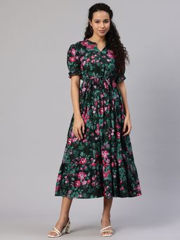 Swishchick - Green Printed Fit & Flare Dress