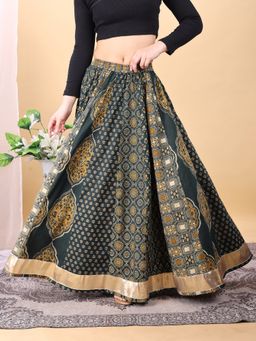 Tikhi Imli - Green Color Cotton Printed Kali Skirt