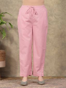 ARAMYA - Peach Linen Cotton Solid Pant