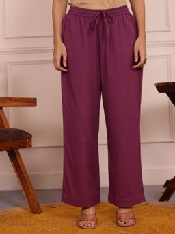 ARAMYA - Purple Linen Cotton Solid Palazzo
