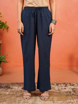 ARAMYA - Navy Blue Cotton Jacquard Solid Palazzo