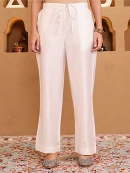 ARAMYA - Off White Solid Straight Palazzo