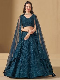 Pink Ethnic - Blue Georgette Sequin Work Semi-Stitched Lehenga With Unstitched Blouse & Dupatta