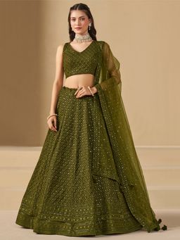 Pink Ethnic - Green Georgette Semi-Stitched Lehenga With Unstitched Blouse & Dupatta