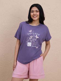 Nykd by Nykaa - Buttery Soft Modal Cotton Graphic Tee With Extended Sleeves Nys931 Purple