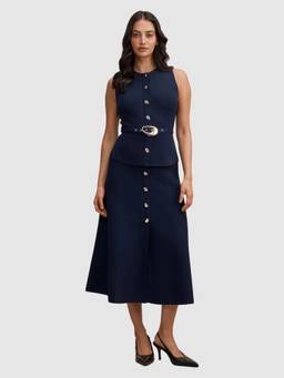 Forever New - Navy Blue Amelia Layered A-Line Midi Dress with Belt