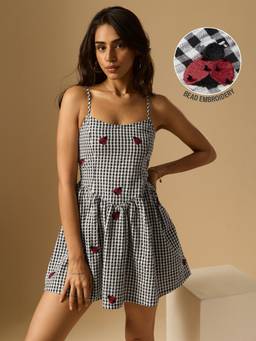 The Souled Store - Black Gingham Dress: Ladybug Dress