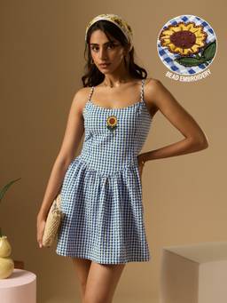 The Souled Store - Blue Corset Gingham Dress: Sunflower Dress