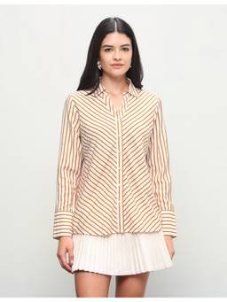 U.S. POLO ASSN. - Beige Women Diagonal Striped Regular Fit Shirt