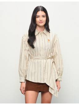 U.S. POLO ASSN. - Beige Women Vertical Striped Regular Fit Shirt with Belt