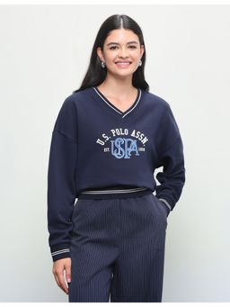 U.S. POLO ASSN. - Navy Blue Women Typographic Brand Printed Oversized Fit Sweatshirt