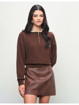U.S. POLO ASSN. - Brown Women Solid Oversized Fit Zipper Sweatshirt