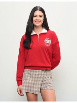 U.S. POLO ASSN. - Red Women Solid Oversized Fit Zipper Sweatshirt