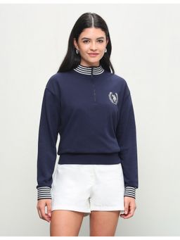 U.S. POLO ASSN. - Navy Blue Women Solid Regular Fit Zipper Sweatshirt