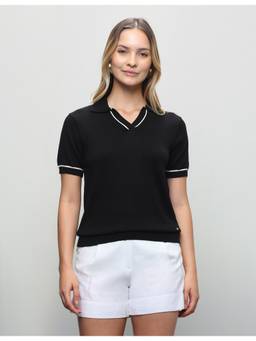 U.S. POLO ASSN. - Black Women Solid Relaxed Fit Polo T-Shirt