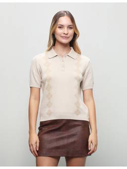 U.S. POLO ASSN. - Beige Women Geometric Printed Relaxed Fit Polo T-Shirt