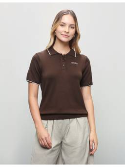 U.S. POLO ASSN. - Brown Women Solid Relaxed Fit Polo T-Shirt