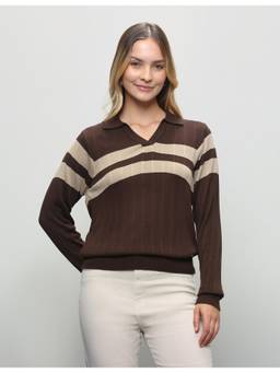 U.S. POLO ASSN. - Brown Women Horizontal Striped Relaxed Fit Top