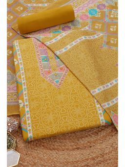 Soch - Womens Yellow Cotton Blend Bandhani Print Unstiched Dress Material with Mirror Work (Set of 3)