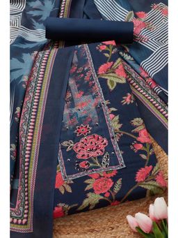 Soch - Womens Navy Blue Cotton Blend Floral Unstitch Dress Material with Sequins (Set of 3)