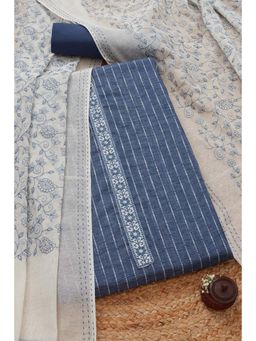 Soch - Womens Navy Blue Cotton Blend Woven Design Unstitch Dress Material with Thread Work (Set of 3)