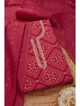 Soch - Womens Fuchsia Modal Silk Bandhani Unstiched Dress Material with Beads and Stones (Set of 3)