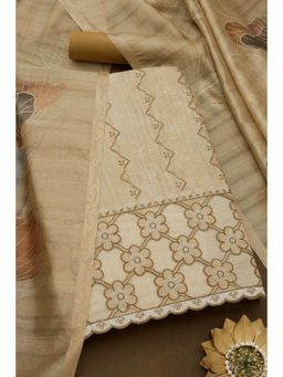 Soch - Womens Beige Tussar Woven Design Unstiched Dress Material with Thread Work (Set of 3)
