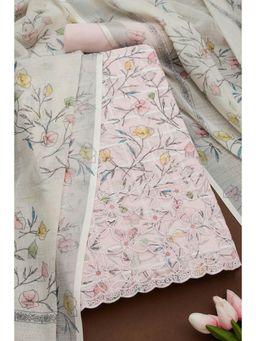 Soch - Womens Pink Linen Floral Unstiched Dress Material with Thread Work (Set of 3)