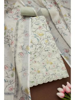 Soch - Womens Light Green Linen Floral Unstitch Dress Material with Thread Work (Set of 3)