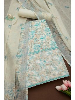 Soch - Womens Off White Linen Floral Unstitch Dress Material with Thread Work (Set of 3)